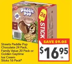 Supa Valu Streets Paddle Pop Chocolate 24 Pack, Family Value 20 Pack or Golden Gaytime Ice Cream Sticks offer