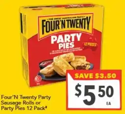 Supa Valu Four'N Twenty Party Sausage Rolls or Party Pies offer