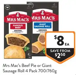 Foodworks Mrs Mac's Beef Pie or Giant Sausage Roll offer