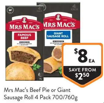 Foodworks Mrs Mac's Beef Pie or Giant Sausage Roll offer
