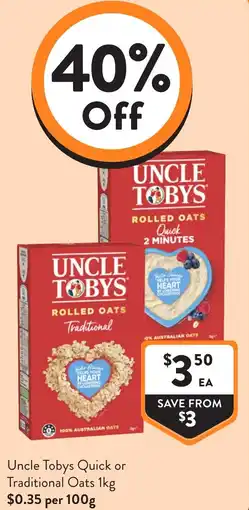 Foodworks Uncle Tobys Quick or Traditional Oats offer