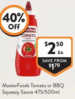 Foodworks MasterFoods Tomato or BBQ Squeezy Sauce offer