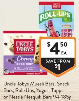 Foodworks Uncle Tobys Muesli Bars, Snack Bars, Roll-Ups, Yogurt Topps or Nestlé Nesquik Bars offer