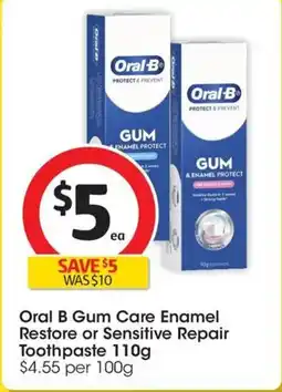 Coles Oral B Gum Care Enamel Restore or Sensitive Repair Toothpaste offer