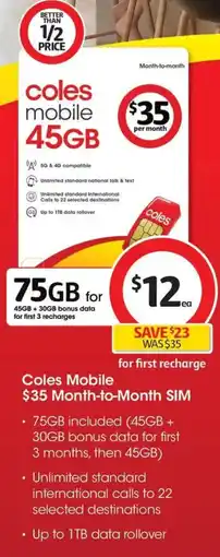 Coles Coles mobile month to month sim offer