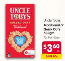Spar Uncle Tobys Traditional or Quick Oats offer