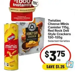 IGA Twisties Cheese Minis Canister Red Rock Deli Style Crackers offer