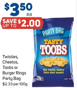 Foodland Twisties, Cheetos, Toobs or Burger Rings Party Bag offer