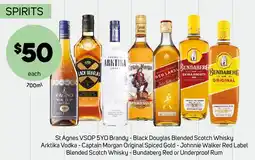 Foodland St Agnes VSOP 5YO Brandy - Black Douglas Blended Scotch Whisky Arktika Vodka - Captain Morgan Original Spiced Gold offer