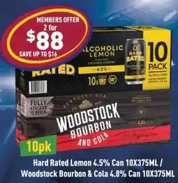 Liquor Legends Hard Rated Lemon 4.5% Can / Woodstock Bourbon & Cola 4.8% Can offer