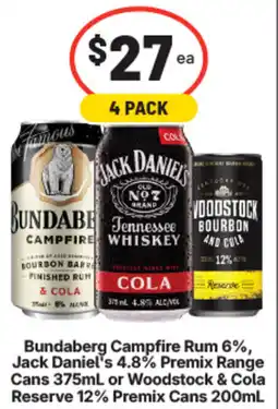 IGA Liquor Bundaberg Campfire Rum 6%, Jack Daniel's 4.8% Premix Range Cans 375mL or Woodstock & Cola Reserve 12% Premix Cans offer
