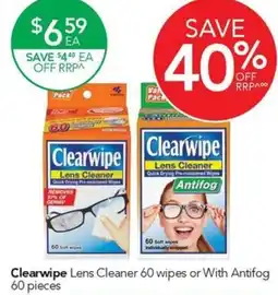 Terry White Clearwipe Lens Cleaner 60 wipes or With Antifog 60 pieces offer