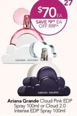 Terry White Ariana Grande Cloud Pink EDP Spray or Cloud 2.0 Intense EDP Spray offer