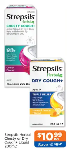 Good Price Pharmacy Strepsils Herbal Chesty or Dry Cough+ Liquid offer