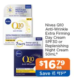 Good Price Pharmacy Nivea Q10 Anti-Wrinkle Extra Firming Day Cream SPF30 or Replenishing Night Cream offer
