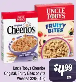 Farmer Jack's Uncle Tobys Cheerios Original Fruity Bites or Vita Weeties offer