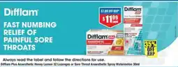 Chemist Warehouse Difflam Plus Anaesthetic Honey Lemon 32 Lozenges or Sore Throat Anaesthetic Spray Watermelon offer