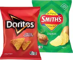 IGA Doritos Corn Chips, Smith’s Crinkle Cut 150‑170g or Double Crunch Chips 150g Selected Varieties offer