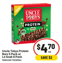 IGA Uncle Tobys Protein Bars or Le Snak offer