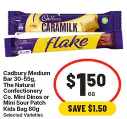 IGA Cadbury Medium Bar The Natural Confectionery Co Mini Dinos or Mini Sour Patch Kids Bag offer
