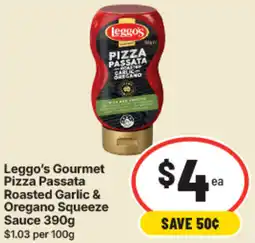 IGA Leggo's Gourmet Pizza Passata Roasted Garlic & Oregano Squeeze Sauce offer