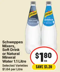 IGA Schweppes Mixers Soft Drink or Natural Mineral Water offer