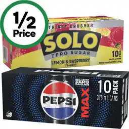 Woolworths Pepsi, Solo, Mountain Dew or Schweppes Lemonade Soft Drink Varieties 10 x 375ml offer