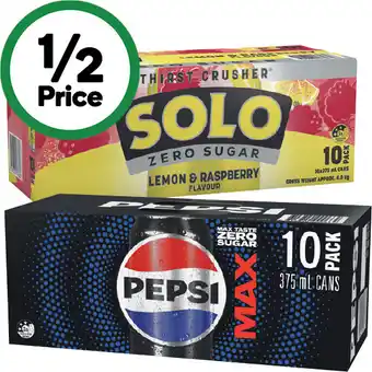 Woolworths Pepsi, Solo, Mountain Dew or Schweppes Lemonade Soft Drink Varieties 10 x 375ml offer
