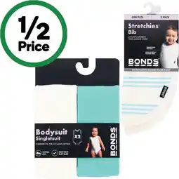 Woolworths Bonds Singletsuit Assorted Pk 2 or Bonds Stretchies Bib Assorted Pk 2 offer