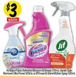 NQR Ambipur Fabric Refresher Blossom & Breeze, Vanish Stain Remover Ultra Power or Jif Power & Shine Kitchen Spray offer