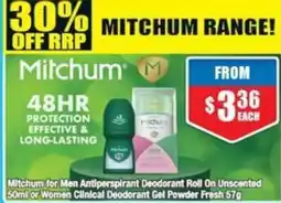 Chemist Warehouse Mitchum for Men Antiperspirant Deodorant Roll On Unscented or Women Clinical Deodorant Gel Powder Fresh offer