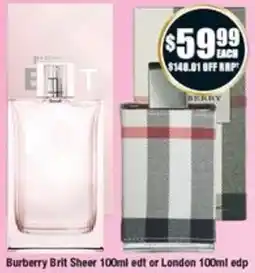 Chemist Warehouse Burberry Brit Sheer edt or London edp offer