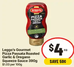 IGA Leggos Gourmet Pizza Passata Roasted Garlic & Oregano Squeeze Sauce offer