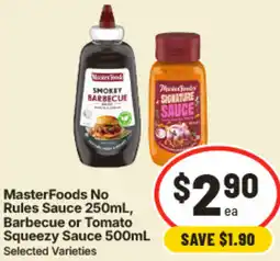 IGA MasterFoods No Rules Sauce Barbecue or Tomato Squeezy Sauce offer