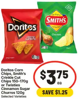 IGA Doritos Corn Chips Smith's Crinkle Cut Chips or Twisties Cinnamon Sugar Churros offer