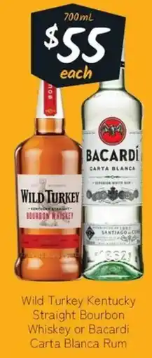 Cellarbrations Wild Turkey Kentucky Straight Bourbon Whiskey or Bacardi Carta Blanca Rum offer