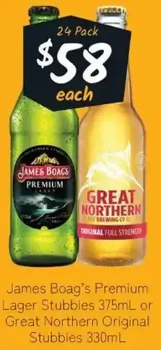 Cellarbrations James Boag's Premium Lager Stubbies or Great Northern Original Stubbies offer