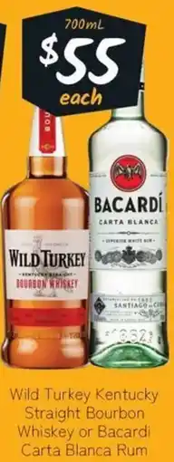 Cellarbrations Wild Turkey Kentucky Straight Bourbon Whiskey or Bacardi Carta Blanca Rum offer