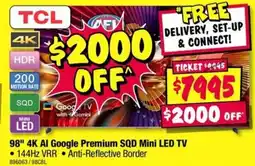 JB Hi-Fi 98 4K Al Google Premium SQD Mini LED TV offer