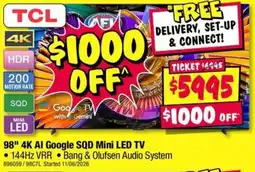 JB Hi-Fi 98 4k ai google sqd mini led tv offer