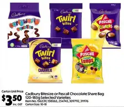 Campbells Wholesale Cadbury Bitesize or Pascall Chocolate Share Bag offer