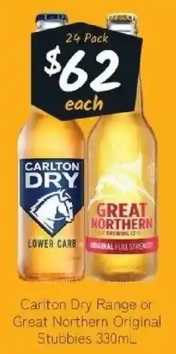 IGA Liquor Carlton Dry Range or Great Northern Original Stubbies offer