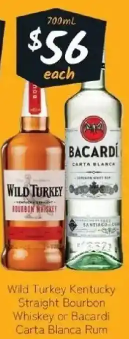 Wild Turkey Kentucky Straight Bourbon Whiskey or Bacardi Carta Blanca Rum
