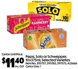 Campbells Wholesale Pepsi, Solo or Schweppes offer