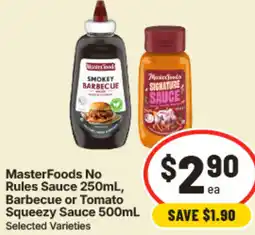 IGA MasterFoods No Rules Sauce , Barbecue or Tomato Squeezy Sauce offer