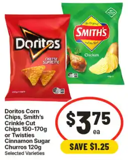 IGA Doritos Corn Chips, Smith's Crinkle Cut Chips or Twisties Cinnamon Sugar Churros offer