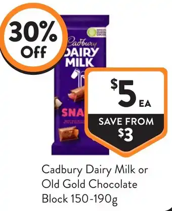 Foodworks Cadbury Dairy Milk or Old Gold Chocolate Block offer