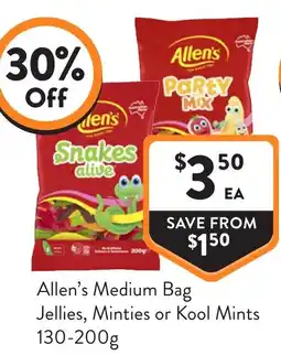 Foodworks Allen's Medium Bag Jellies, Minties or Kool Mints offer