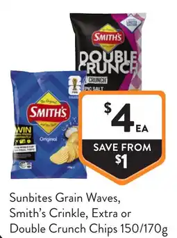 Foodworks Sunbites Grain Waves, Smith's Crinkle, Extra or Double Crunch Chips offer