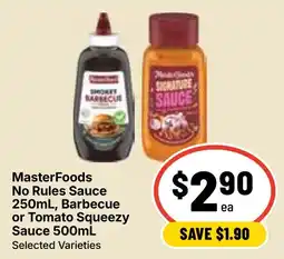 Ritchies MasterFoods No Rules Sauce Barbecue or Tomato Squeezy Sauce offer